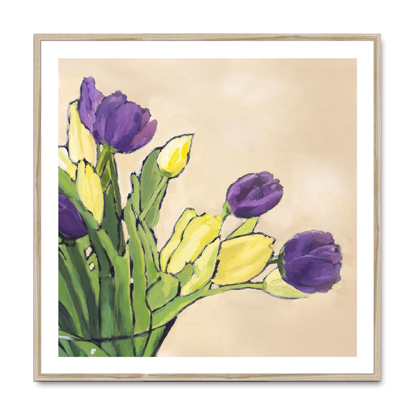 Framed Fine Art Print, White Mat,Purple & Yellow Tulips in Acrylic, FPS-1060-001, 36"x36", Natural Frame