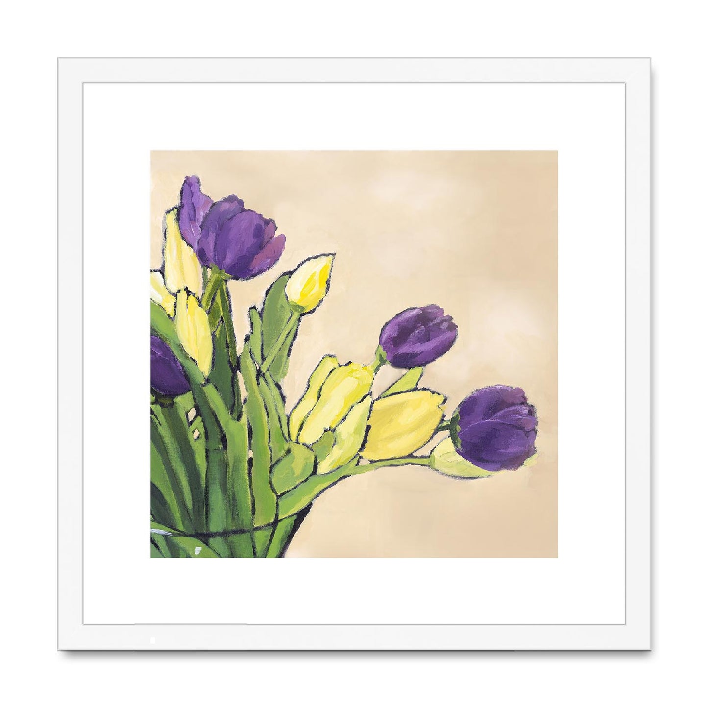 Framed Fine Art Print, White Mat,Purple & Yellow Tulips in Acrylic, FPS-1060-001, 16"x16", White Frame