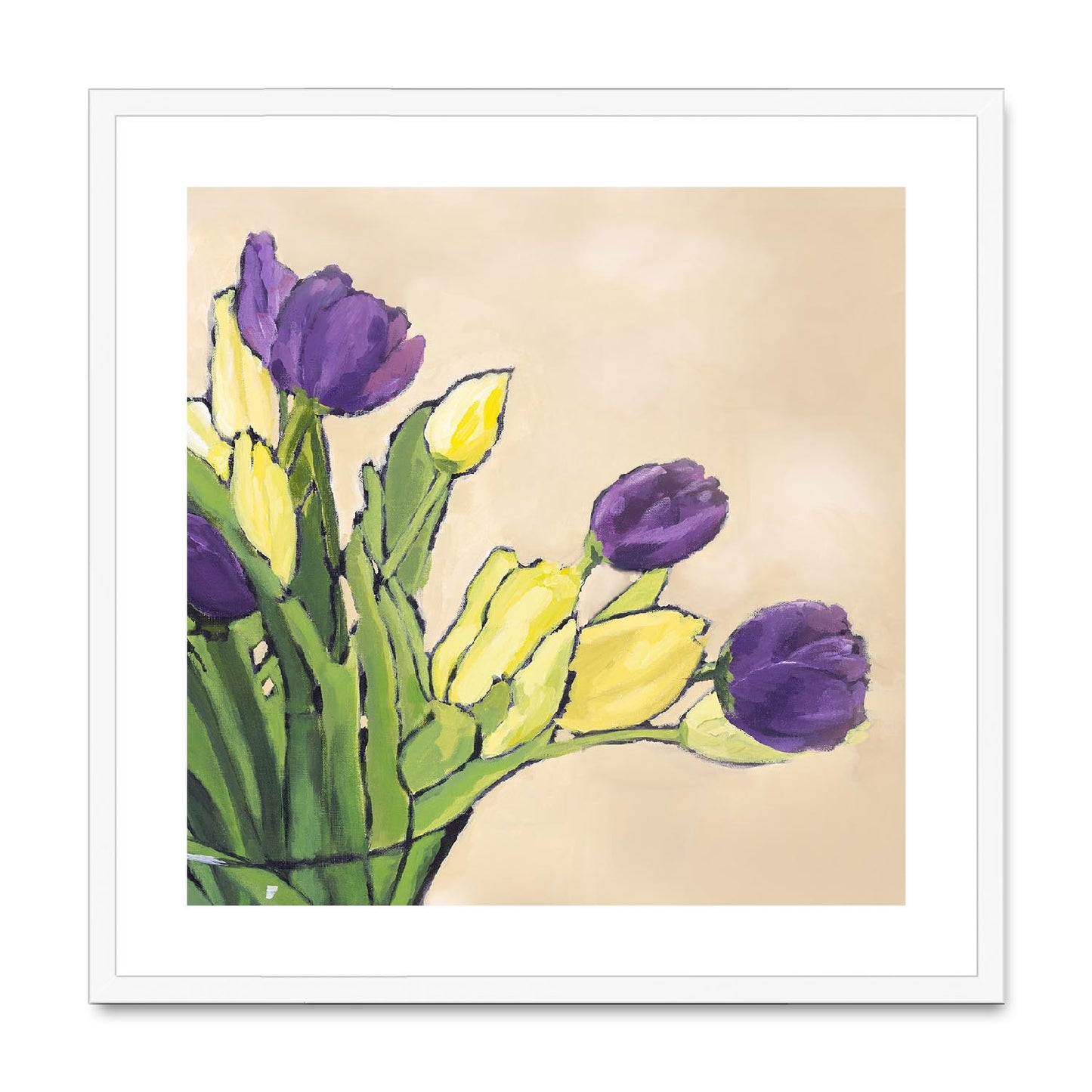 Framed Fine Art Print, White Mat,Purple & Yellow Tulips in Acrylic, FPS-1060-001, 24"x24", White Frame