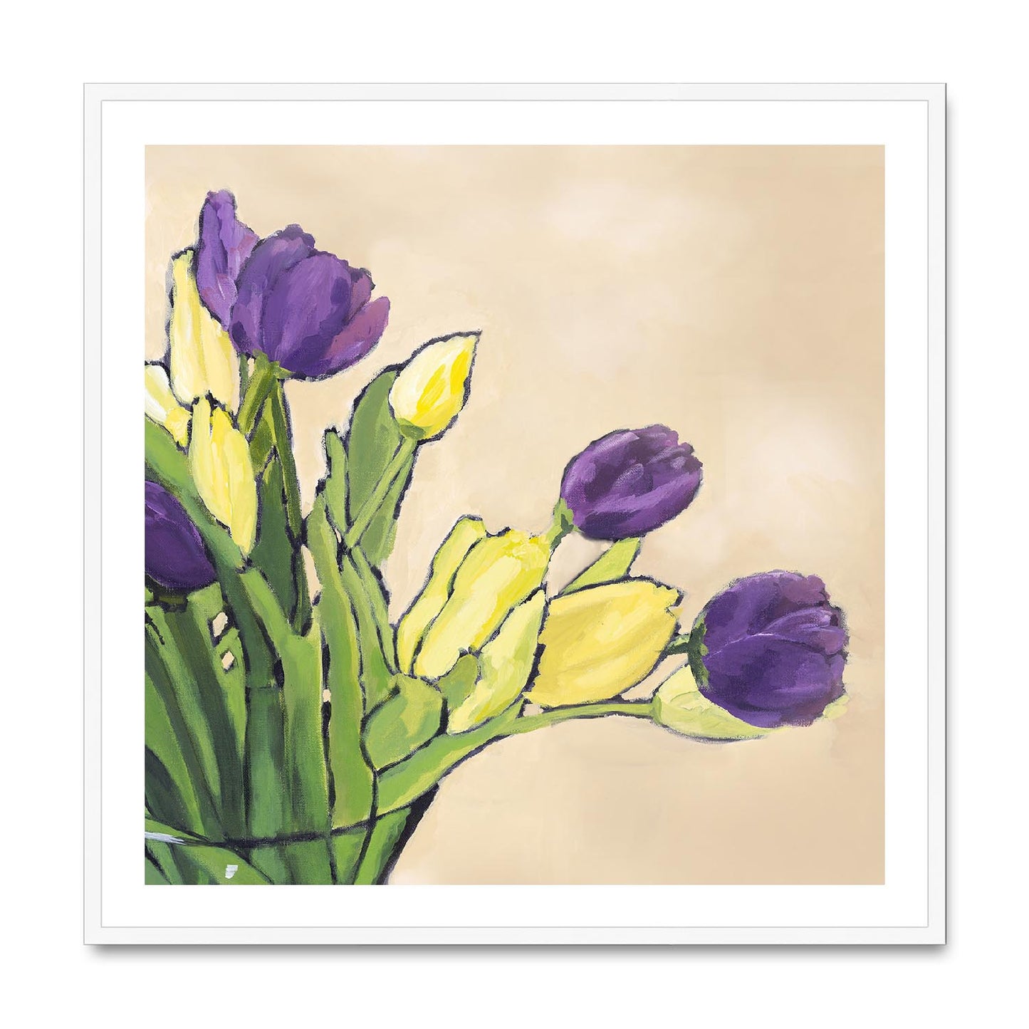 Framed Fine Art Print, White Mat,Purple & Yellow Tulips in Acrylic, FPS-1060-001, 36"x36", White Frame