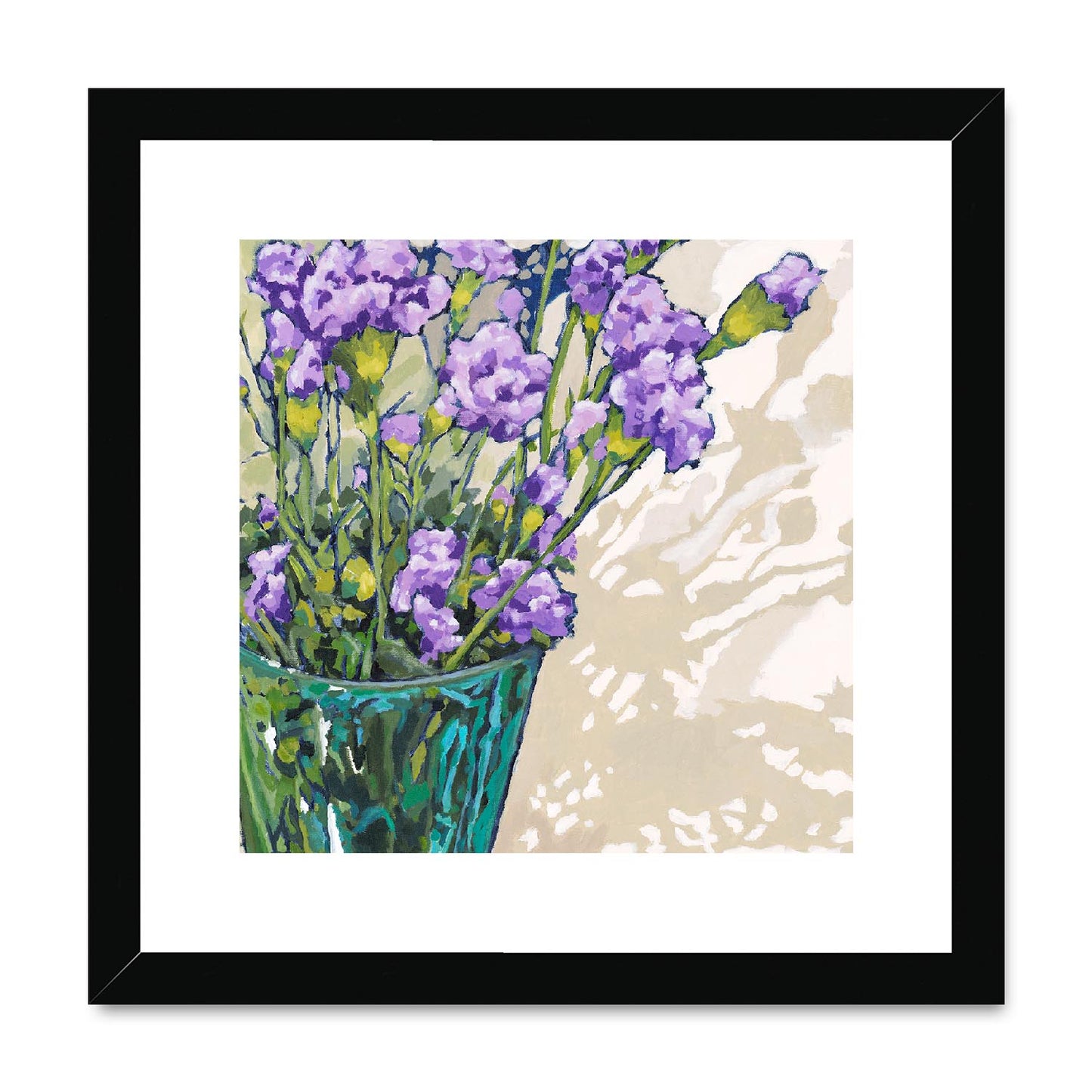 Framed Fine Art Print, White Mat,Mauve Carnations in Acrylic, FPS-1070, 12"x12", Black Frame