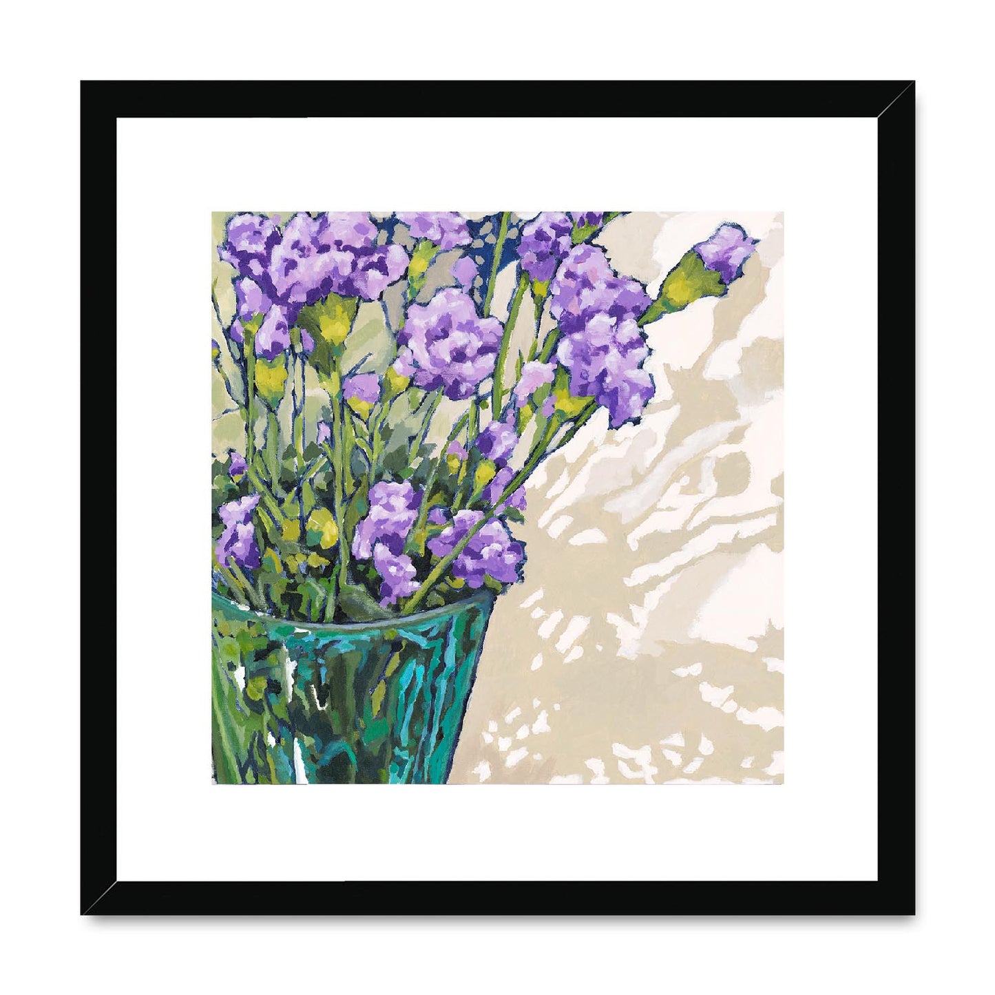 Framed Fine Art Print, White Mat,Mauve Carnations in Acrylic, FPS-1070, 16"x16", Black Frame