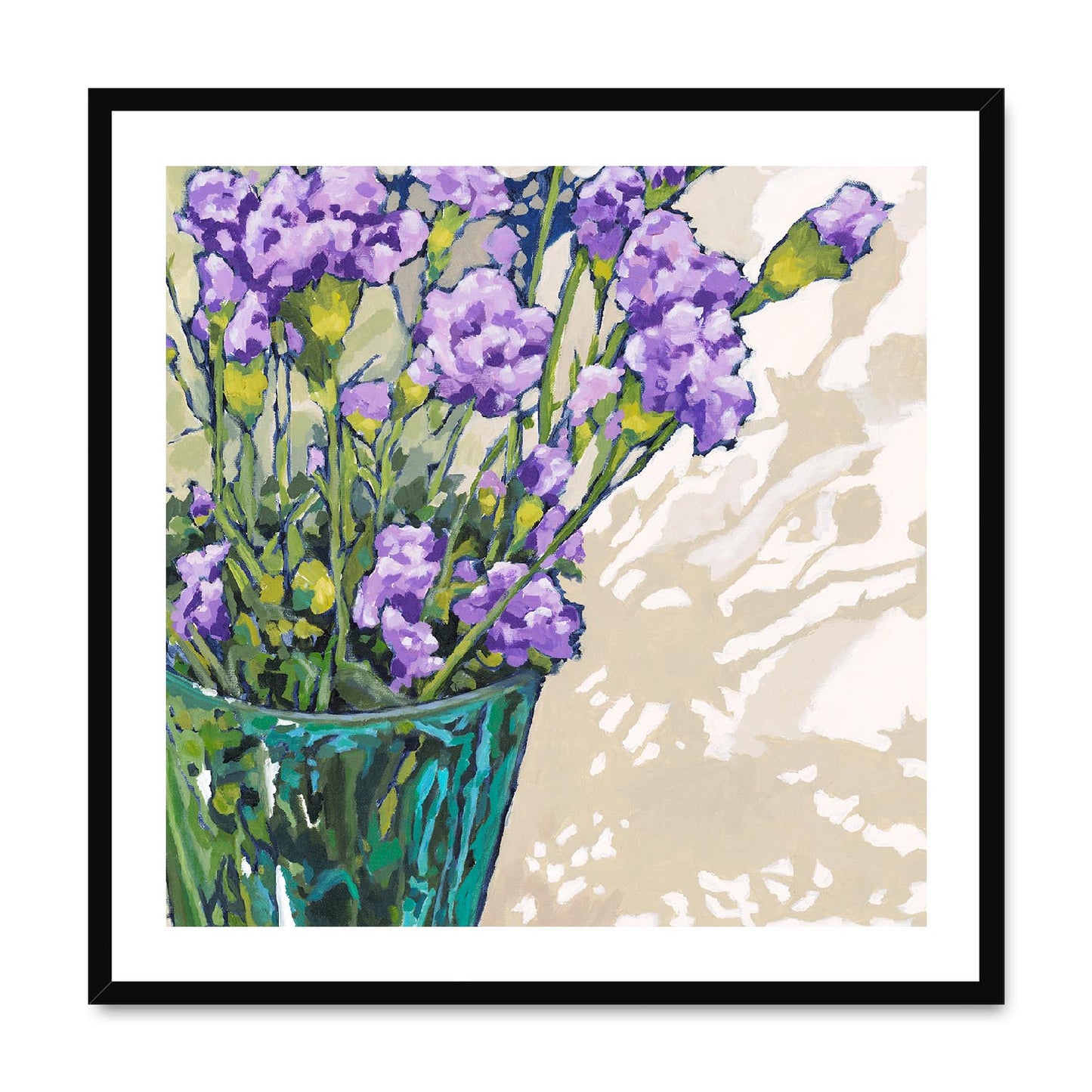 Framed Fine Art Print, White Mat,Mauve Carnations in Acrylic, FPS-1070, 28"x28", Black Frame