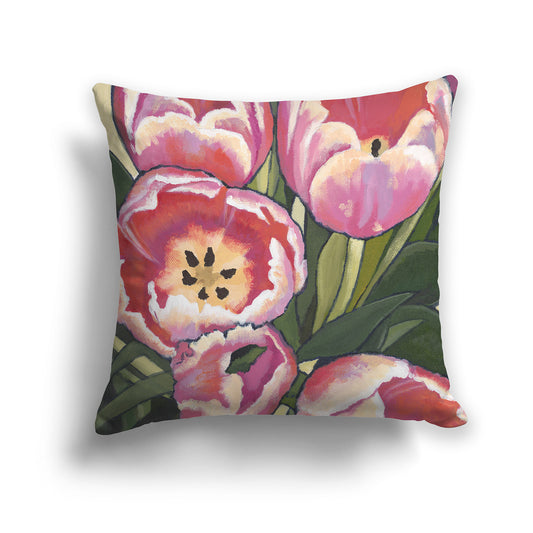 Square Throw Pillow with fine art painting of Pink Tulips