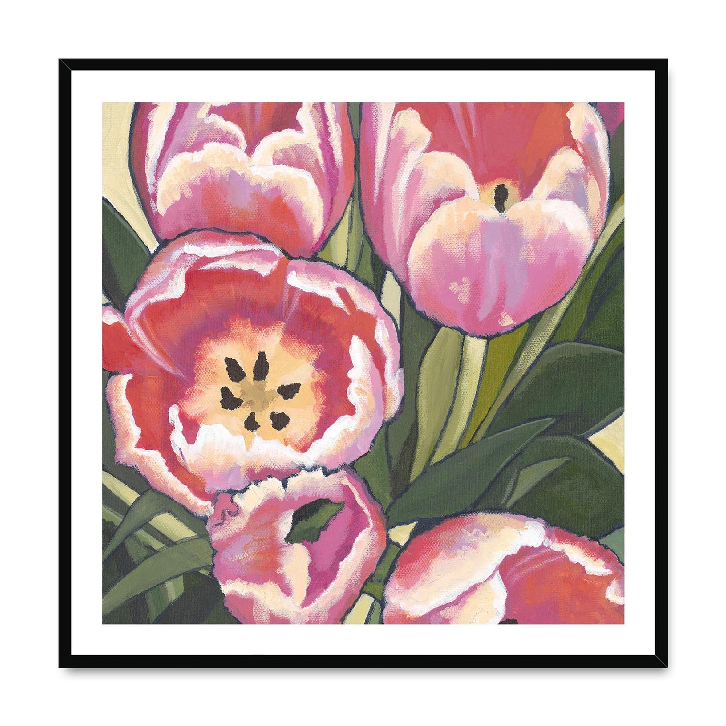 Framed Fine Art Print, Pink Tulips in Acrylic, FPS-1080, 16"x16", Black Frame