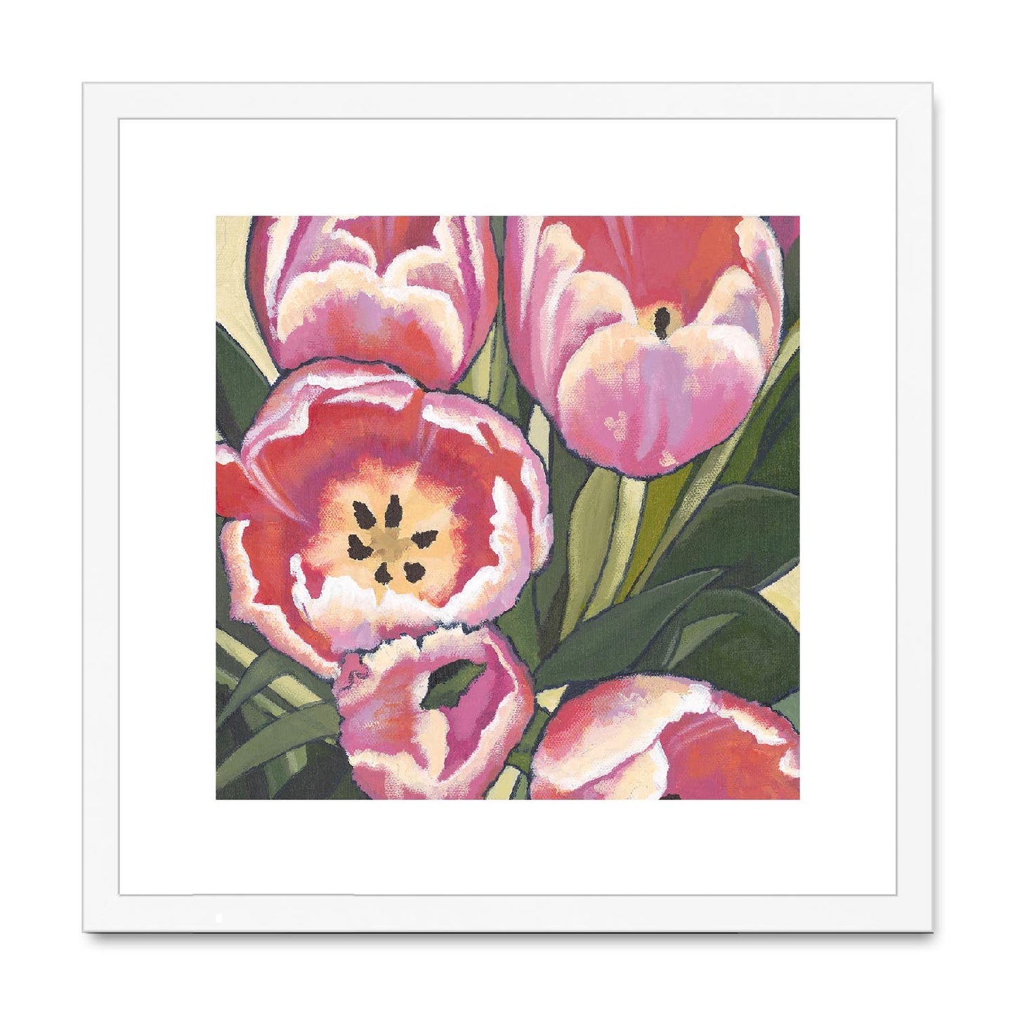 Framed Fine Art Print, Pink Tulips in Acrylic, FPS-1080, 28"x28", White Frame