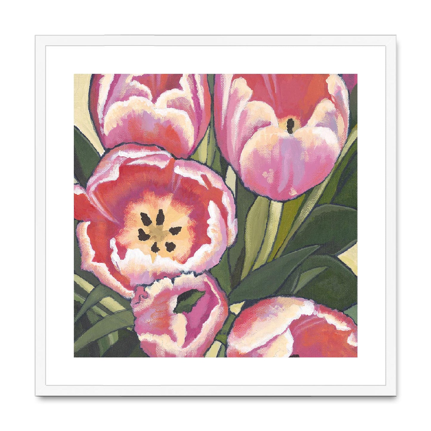 Framed Fine Art Print, Pink Tulips in Acrylic, FPS-1080, 36"x36", Black Frame