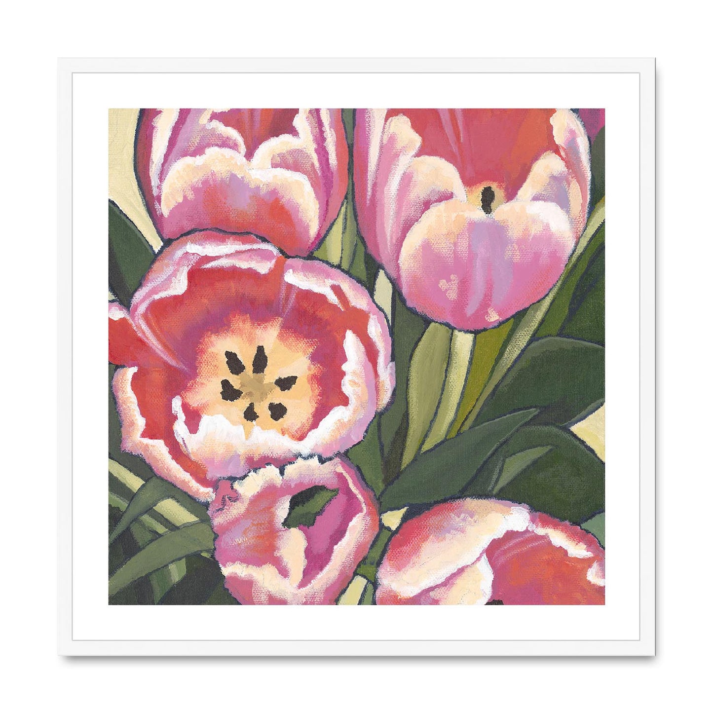Framed Fine Art Print, Pink Tulips in Acrylic, FPS-1080, 36"x36", White Frame