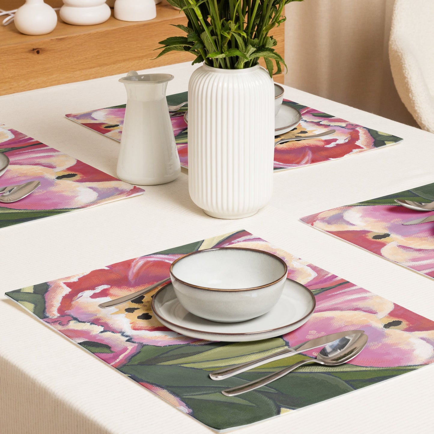 Pink Tulips — Fine Art Polyester Placemats — 4-Pc Set #PSFL-1080