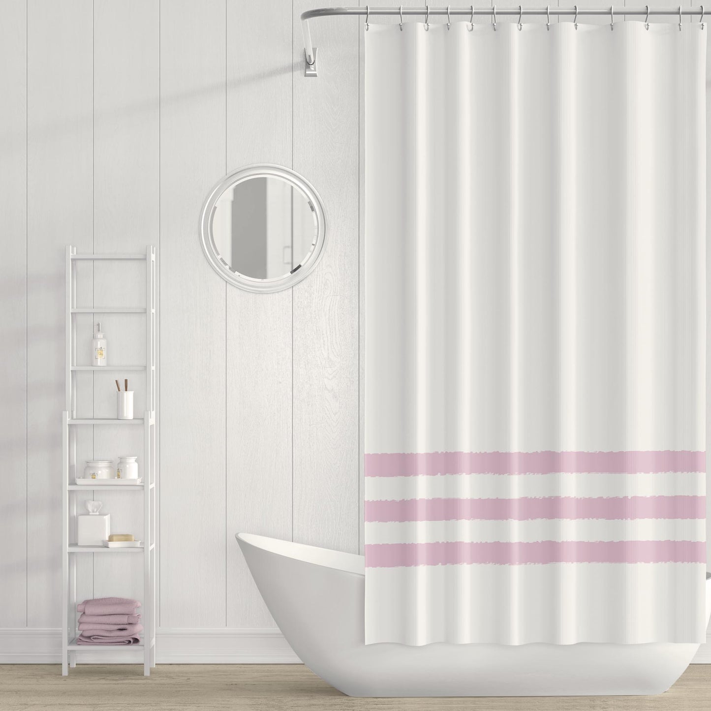 White Shower Curtain with Pale Pink Hand-painted Stripe Print | SC-1081-133
