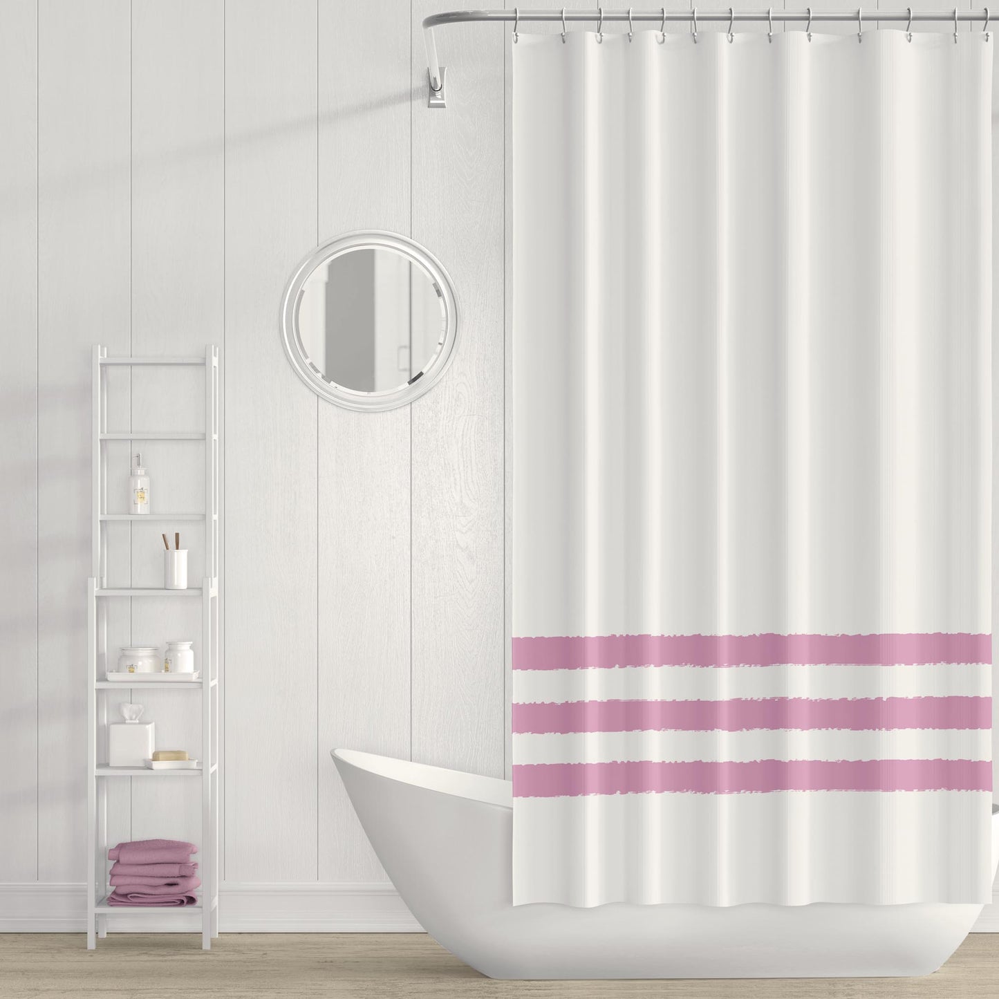 White Shower Curtain with Pink Hand-painted Stripe Print | SC-1081-167