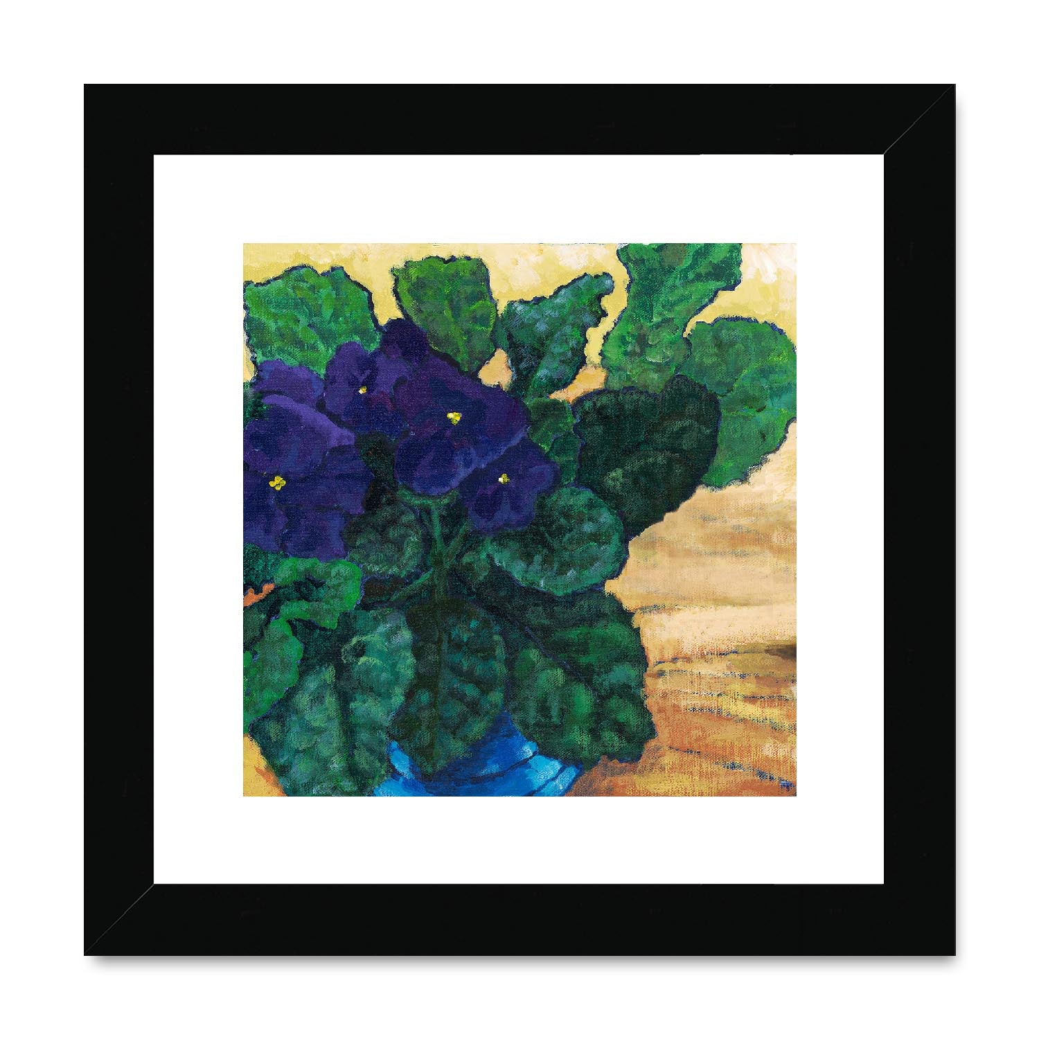 Framed Fine Art Print, White Mat,African Violets in Acrylic, FPS-1090, 8"x8", Black Frame