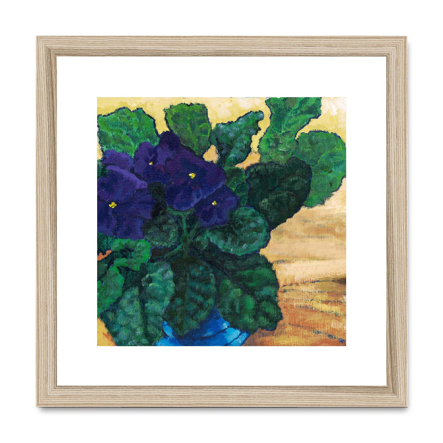 Framed Fine Art Print, White Mat,African Violets in Acrylic, FPS-1090, 12"x12", Natural Frame