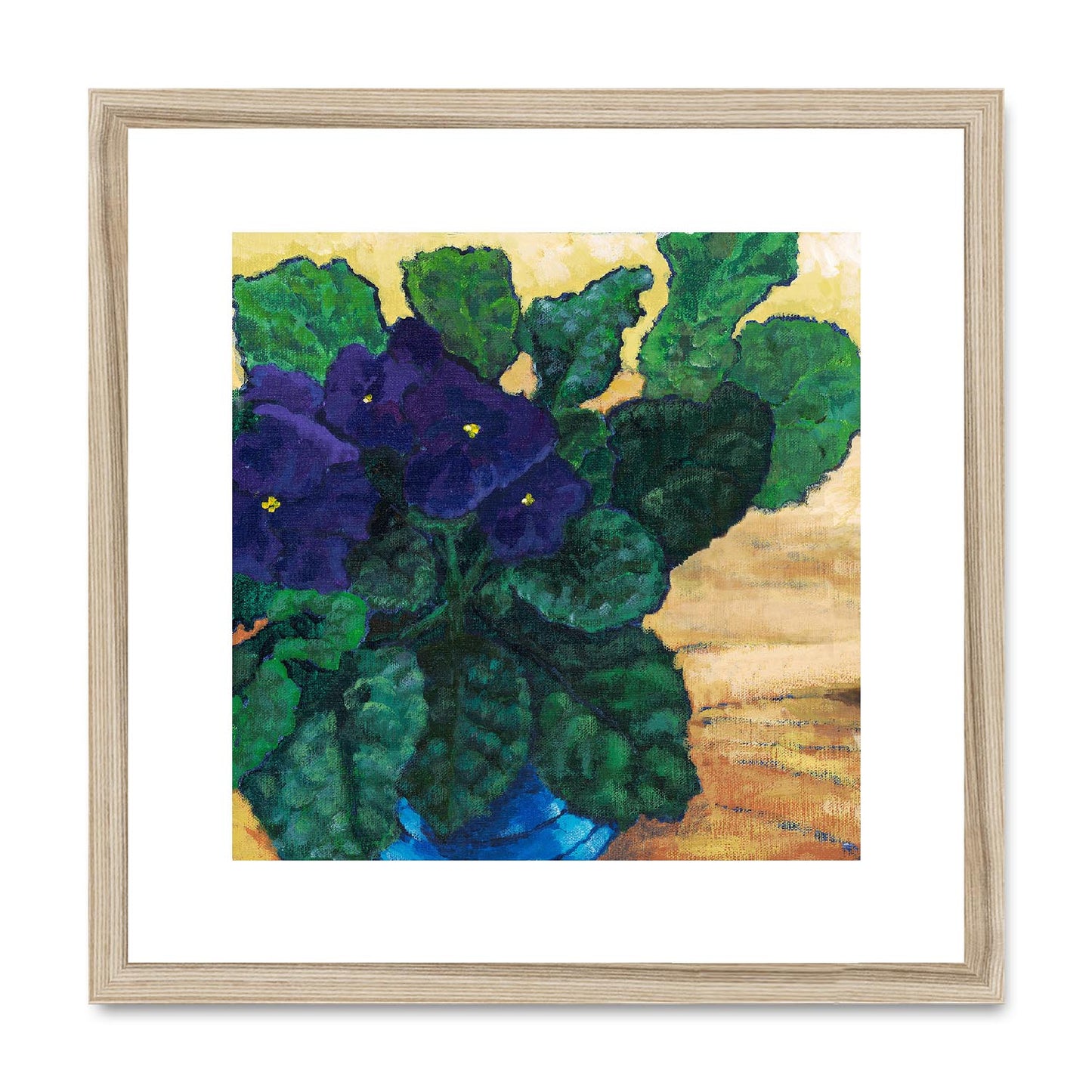 Framed Fine Art Print, White Mat,African Violets in Acrylic, FPS-1090, 16"x16", Natural Frame