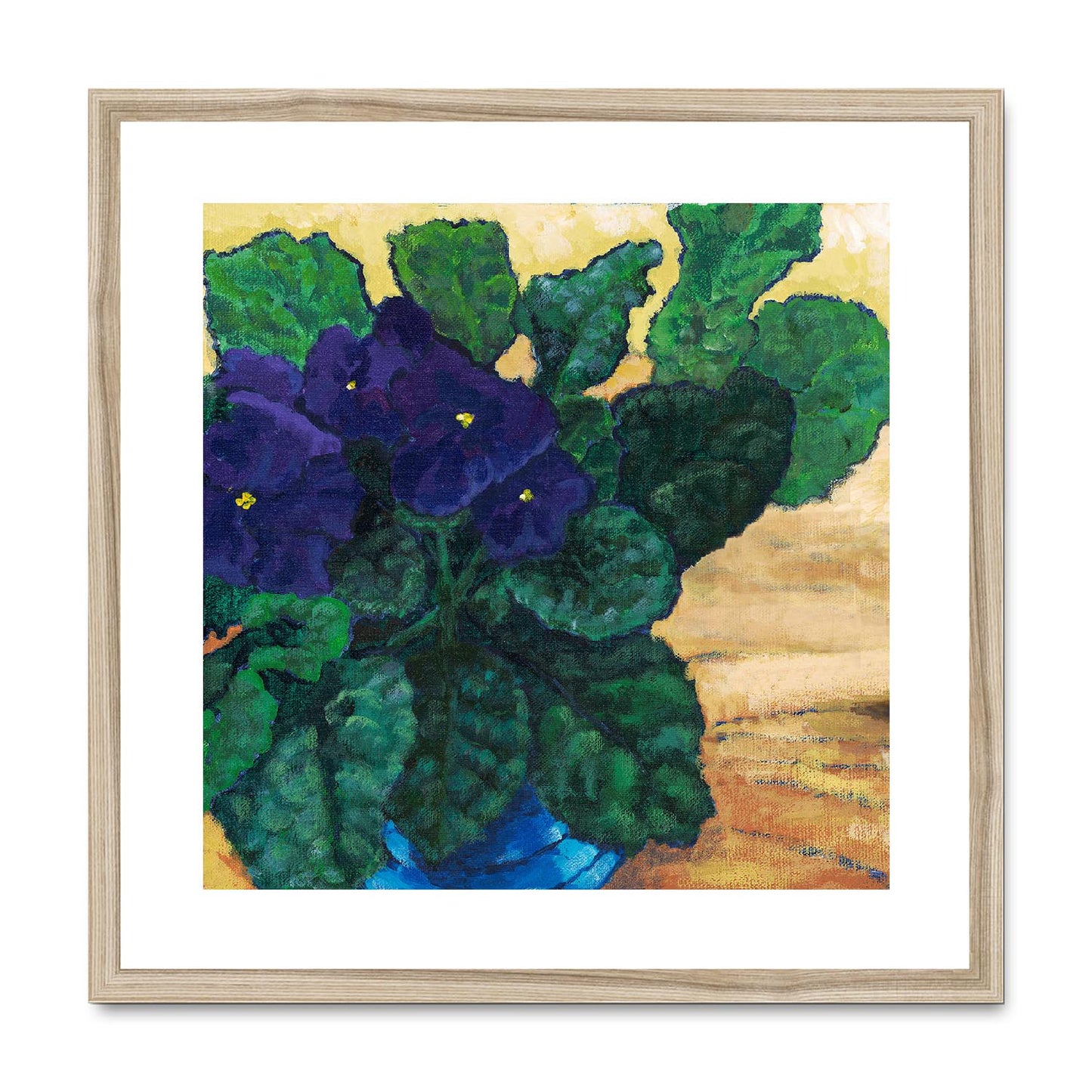 Framed Fine Art Print, White Mat,African Violets in Acrylic, FPS-1090, 20"x20", Natural Frame