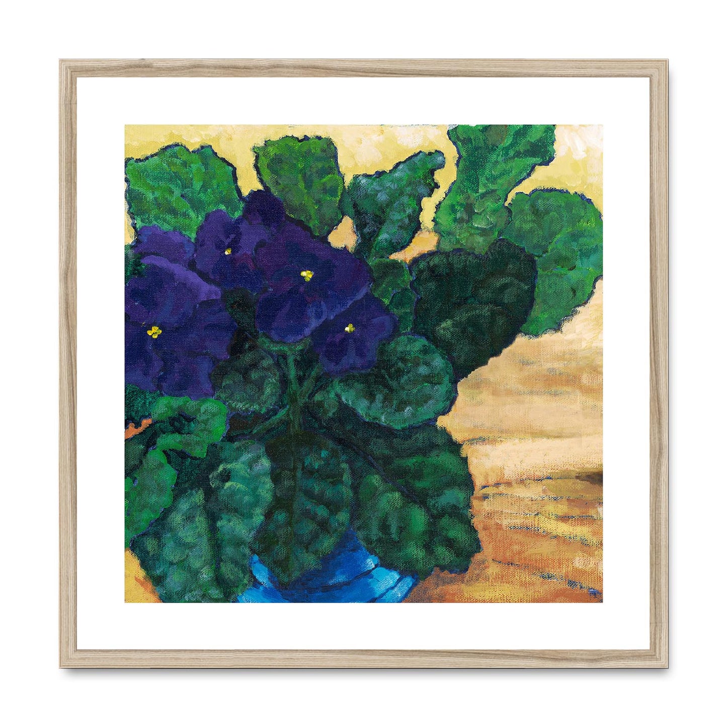Framed Fine Art Print, White Mat,African Violets in Acrylic, FPS-1090, 24"x24", Natural Frame