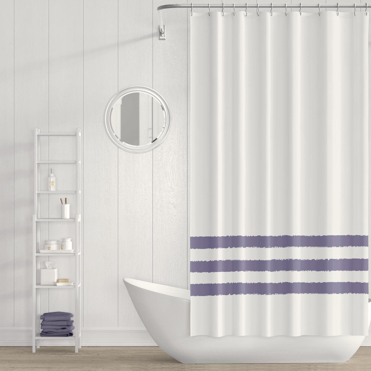 White Shower Curtain with Purple Hand-painted Stripe Print | SC-1092-150