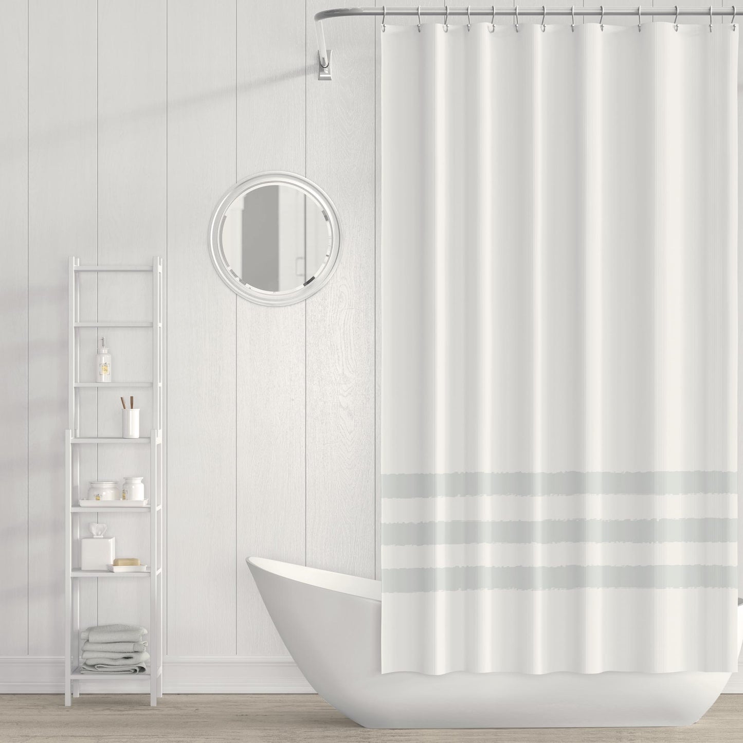 White Shower Curtain with Light Grey Hand-painted Stripe Print | SC-1101-500