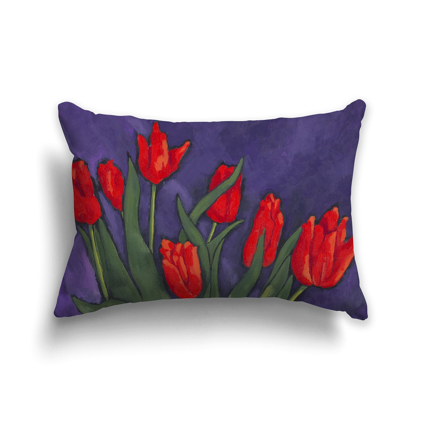 Lumbar Throw Pillow with a fine art painting of Red Tulips with green leaves on a purple background 