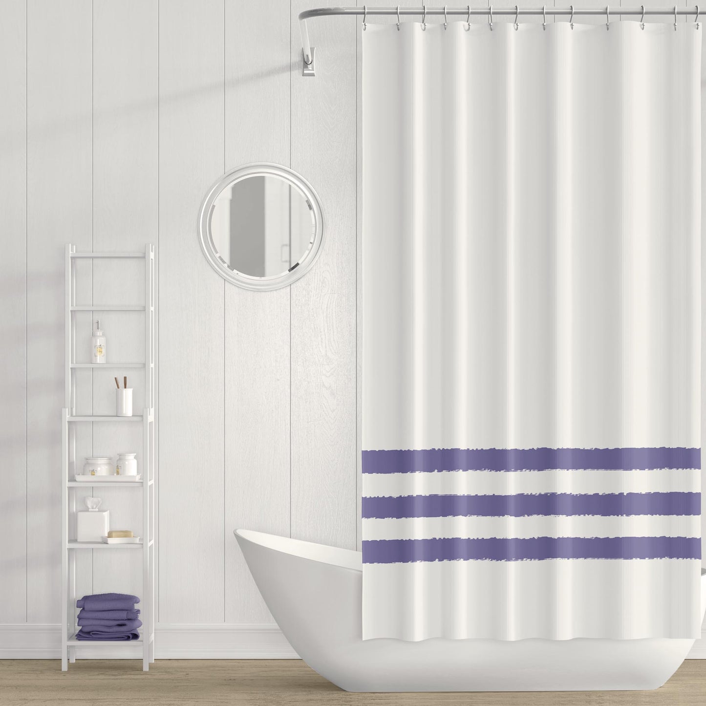White Shower Curtain with Purple Hand-painted Stripe Print | SC-1111-300