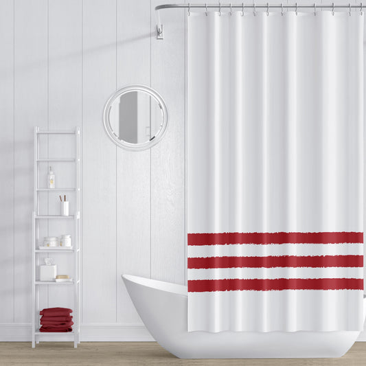 White Shower Curtain with Deep Red Hand-painted Stripe Print | SC-1111-600
