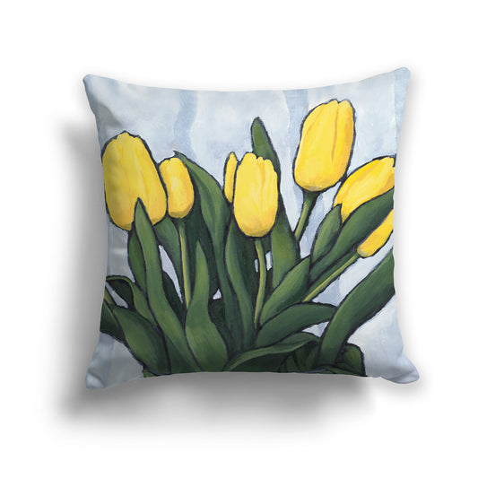 Square Throw Pillow with a fine art painting of Yellow Tulips with green leaves on a grey background 