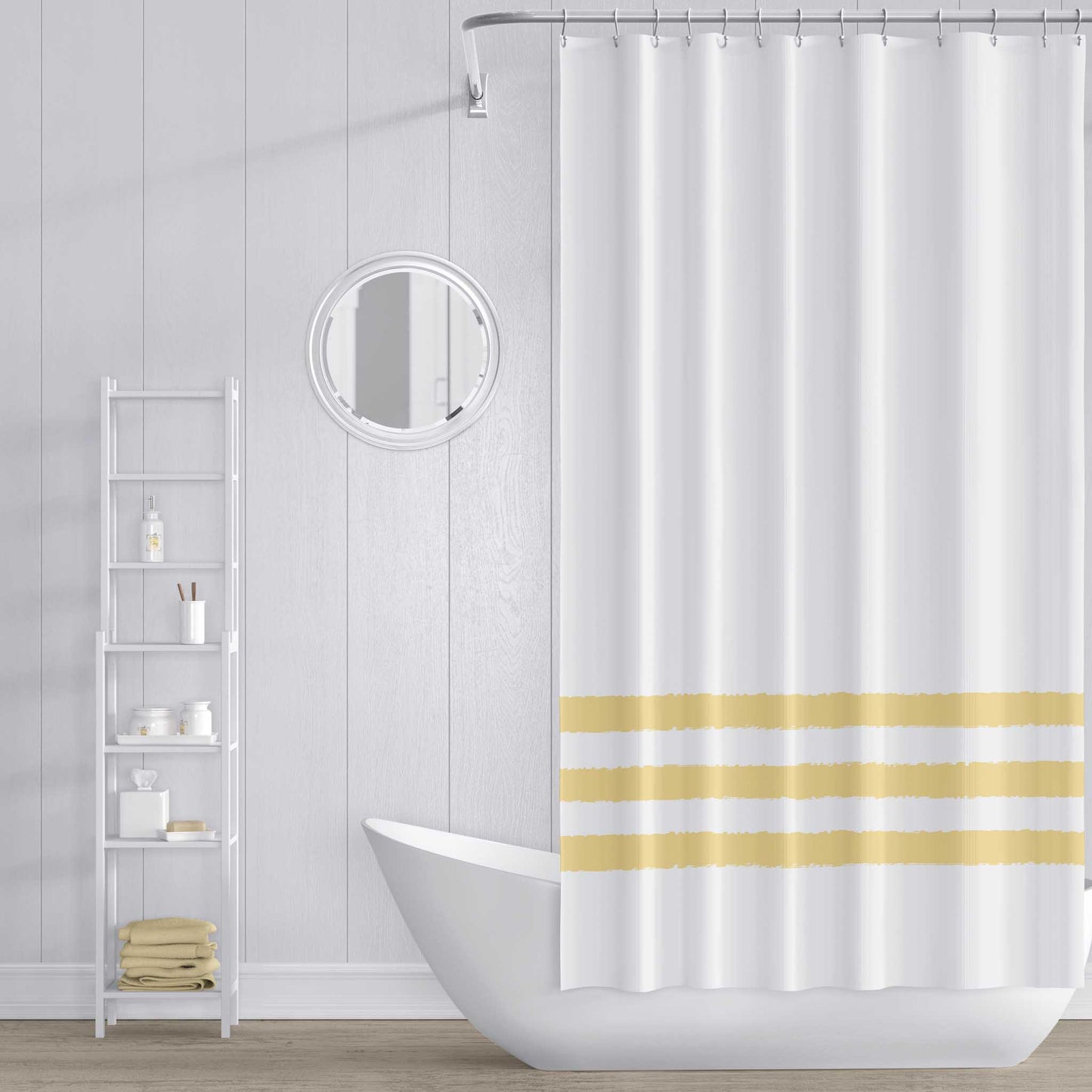 White Shower Curtain with Yellow Hand-painted Stripe Print | SC-1121-400