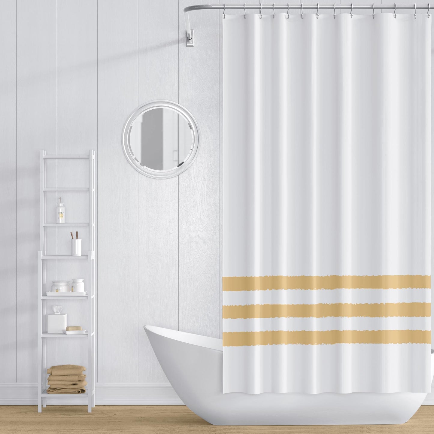 White Shower Curtain with Yellow-orange Stripe Print | SC-1131-400