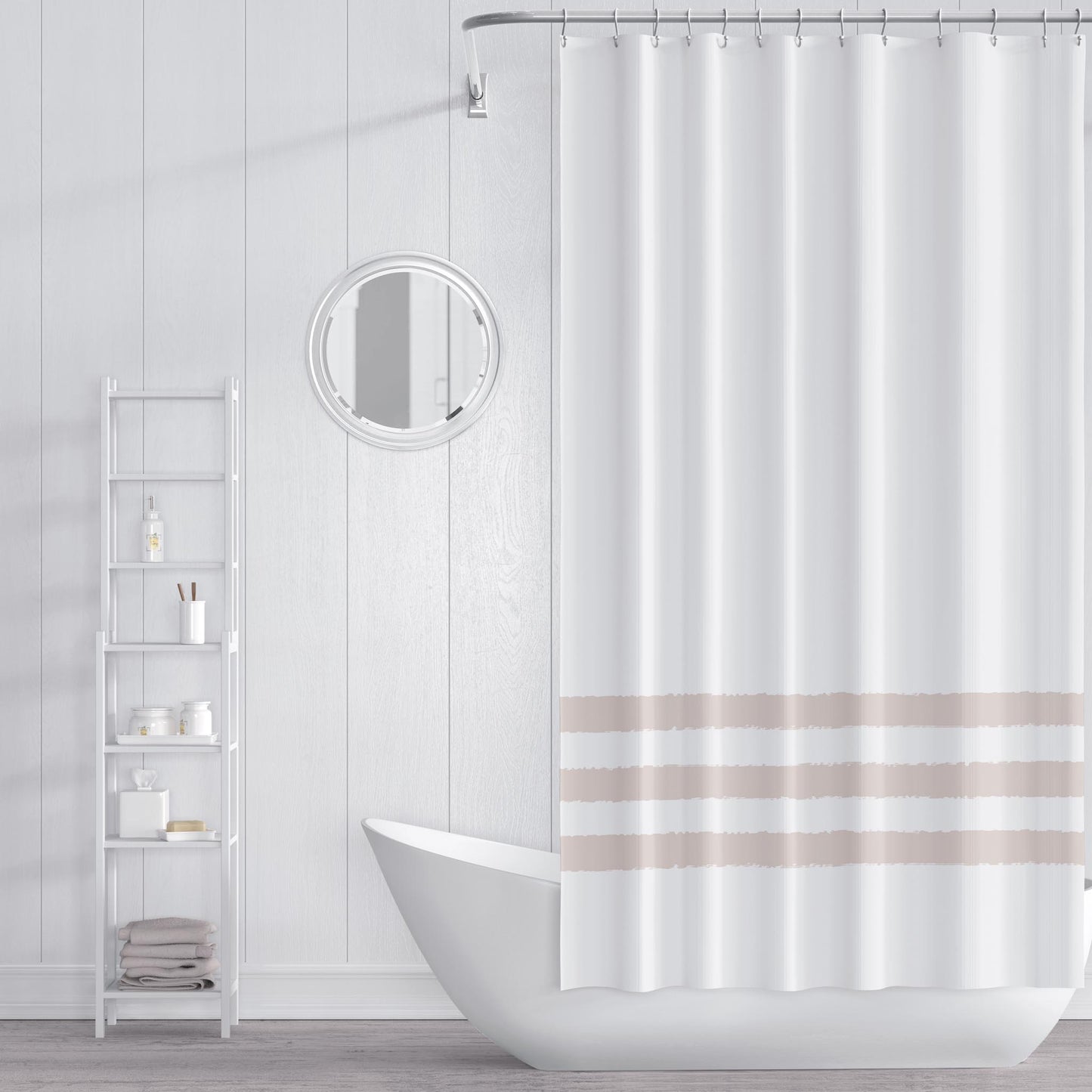 White Shower Curtain with Light Taupe Hand-painted Stripe Print | SC-1132-300