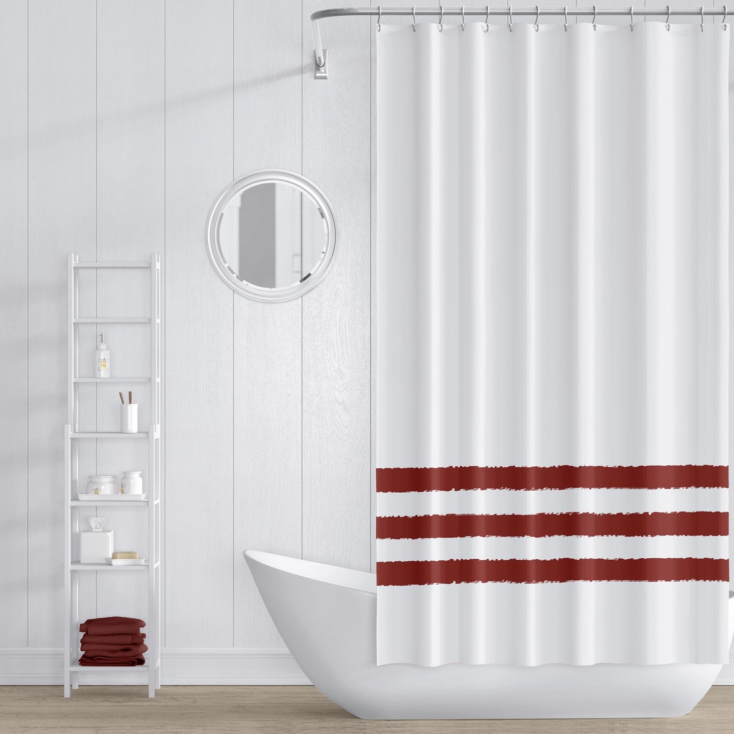 White Shower Curtain with Rust-red Hand-painted Stripe Print | SC-1133-A00