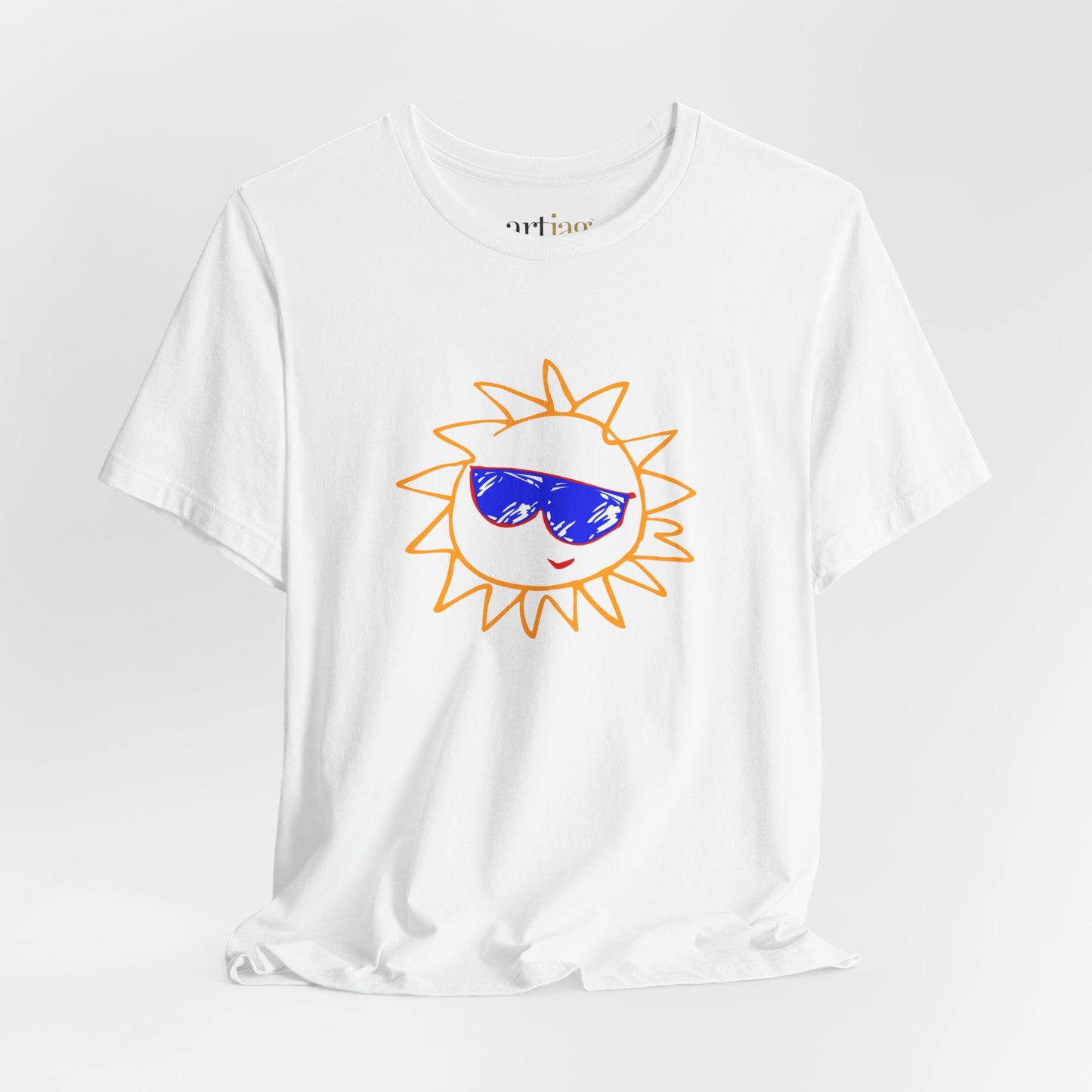 A white short-sleeve crewneck t-shirt featuring a cartoon sun graphic on the chest. The sun is outlined in orange and wears blue sunglasses with a small red smiley mouth - ARTJAG
