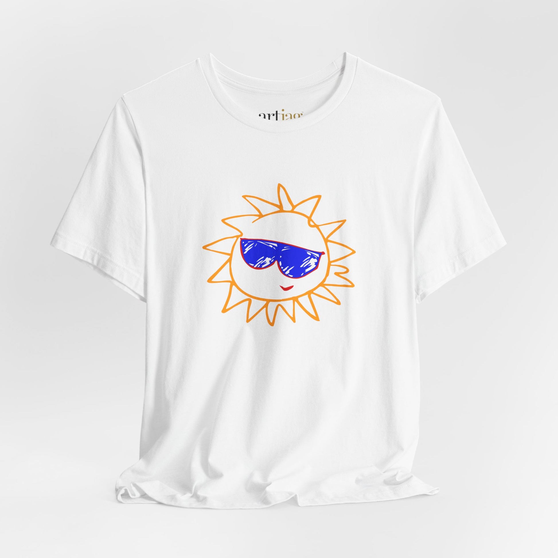 A white short-sleeve crewneck t-shirt featuring a cartoon sun graphic on the chest. The sun is outlined in orange and wears blue sunglasses with a small red smiley mouth - ARTJAG