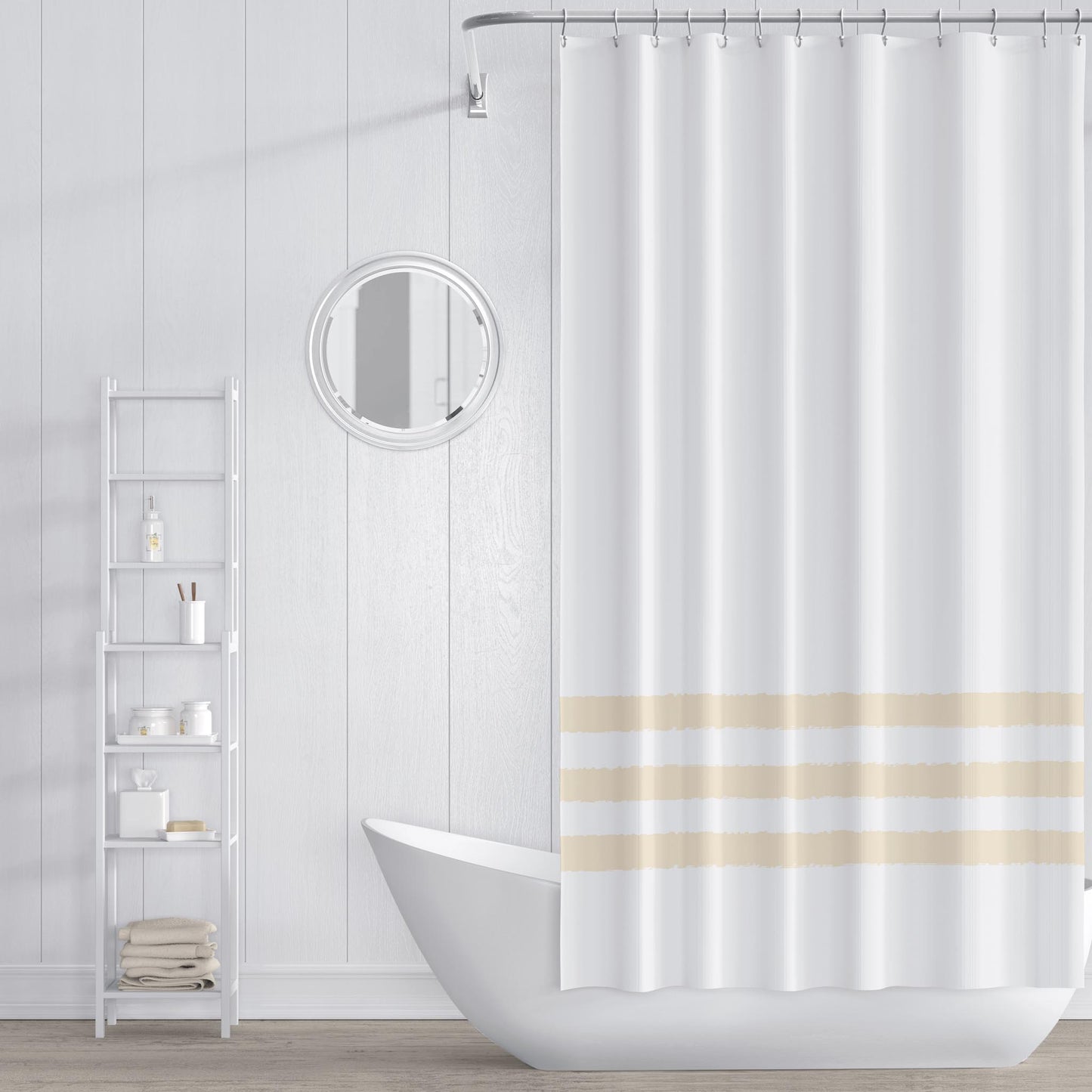 White Shower Curtain with Light Gold Hand-painted Stripe Print | SC-1136-433