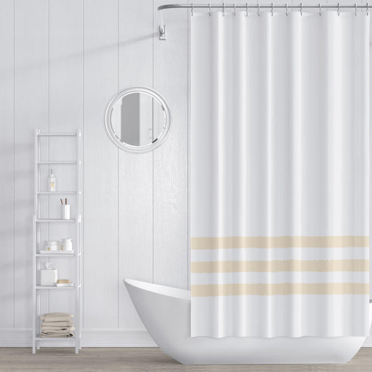 White Shower Curtain with Light Gold Hand-painted Stripe Print | SC-1136-433