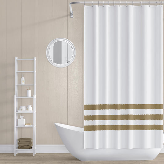 White Shower Curtain with Olive Green Hand-painted Stripe Print | SC-1136-500