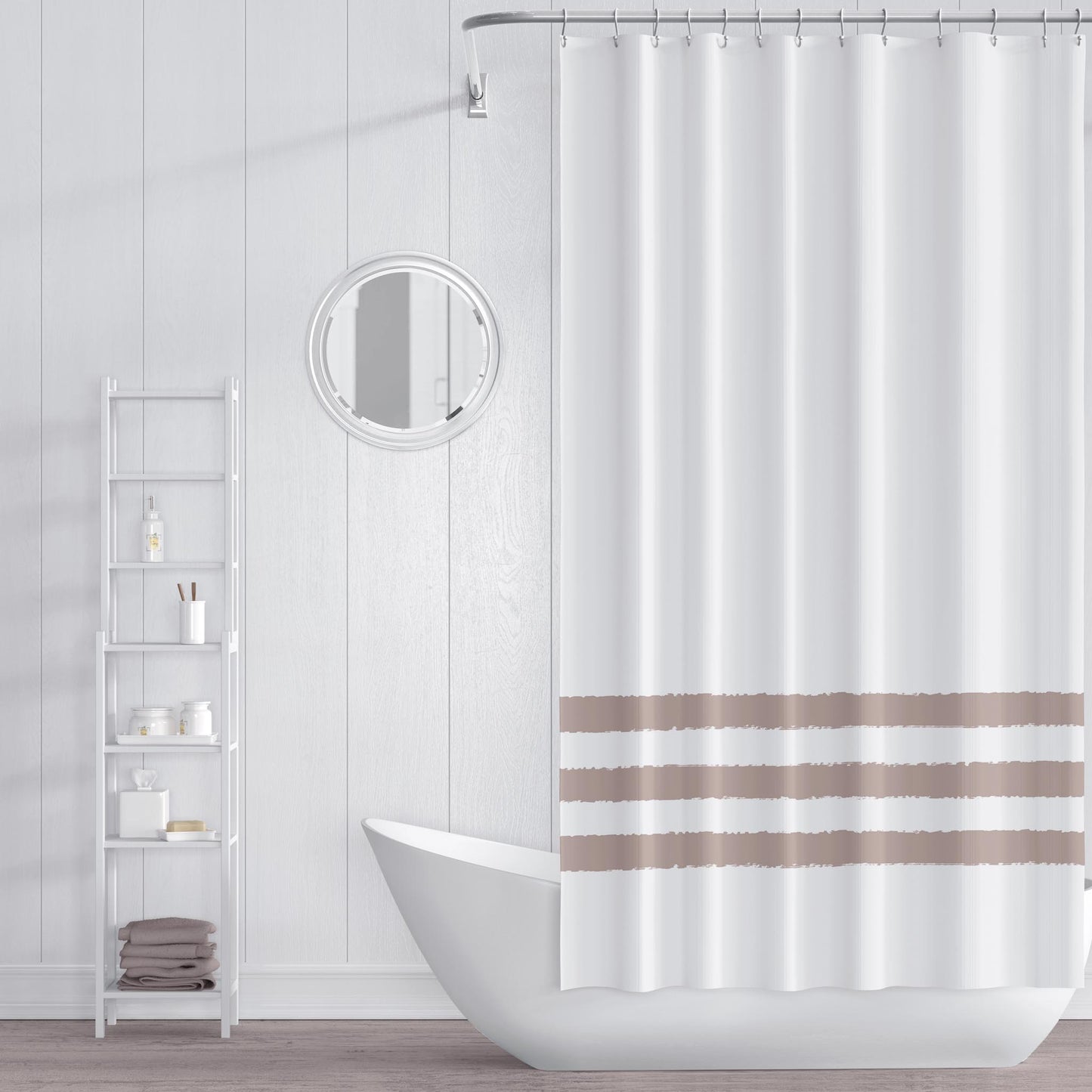 White Shower Curtain with Dark Taupe Hand-painted Stripe Print | SC-1137-200