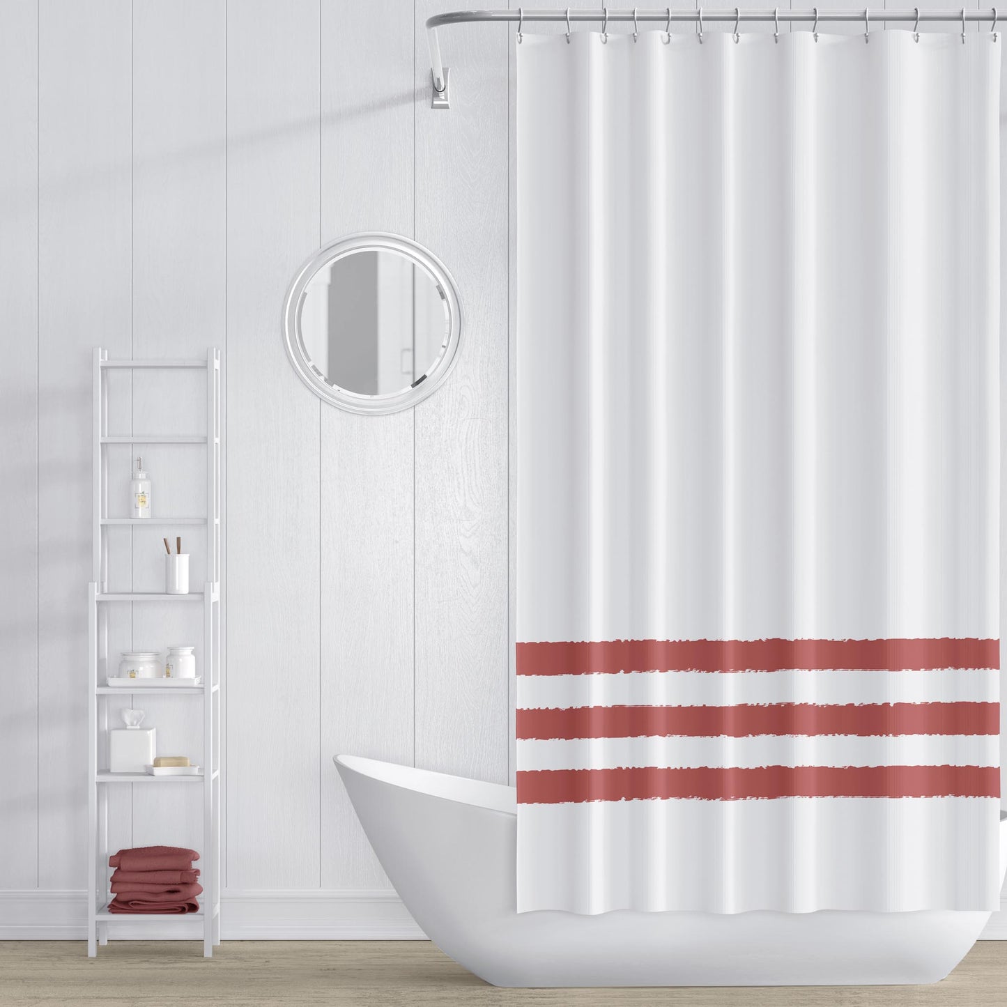 White Shower Curtain with Dark Dusty Rose Hand-painted Stripe Print | SC-1137-B00