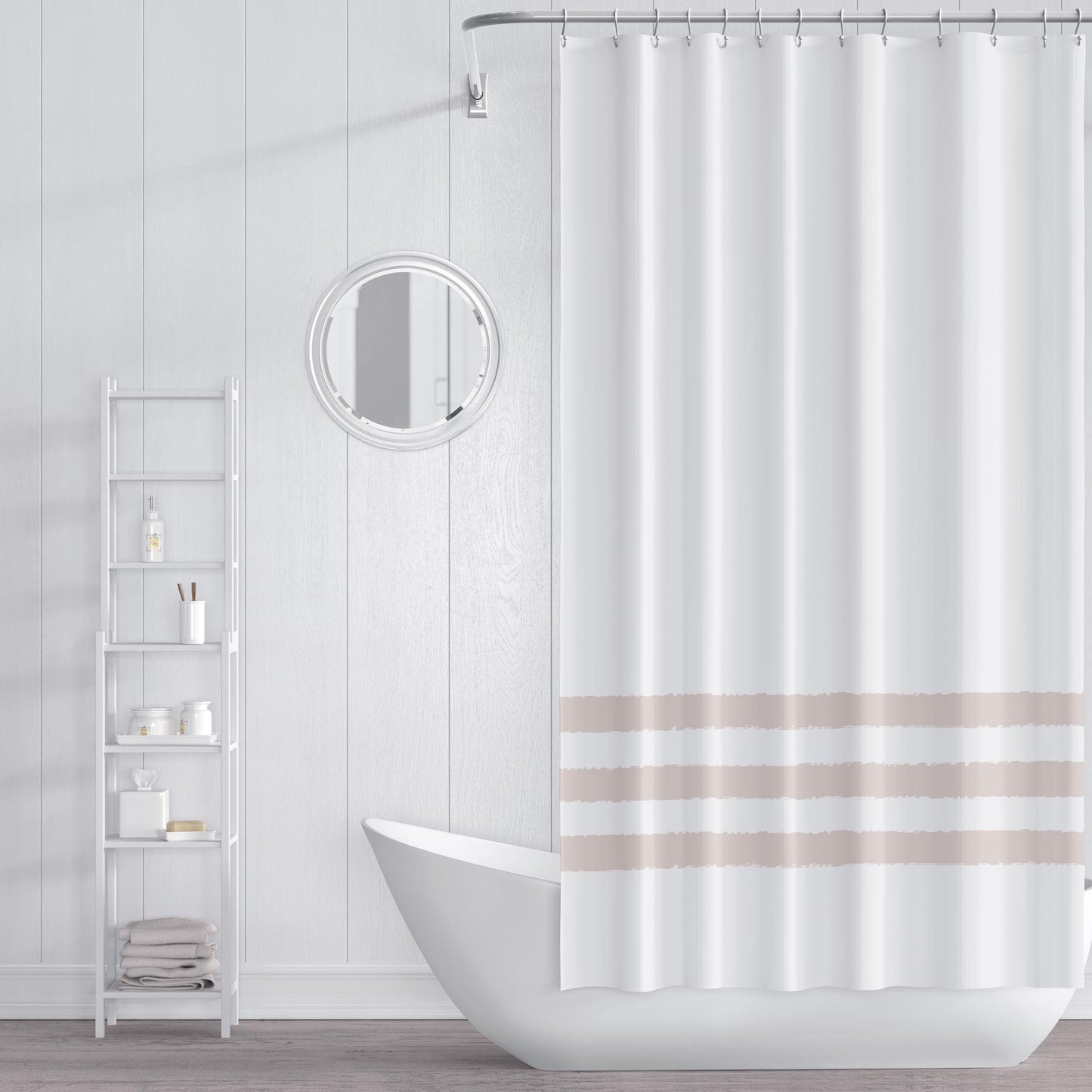 White Shower Curtain with Taupe Hand-painted Stripe Print | SC-1138-300