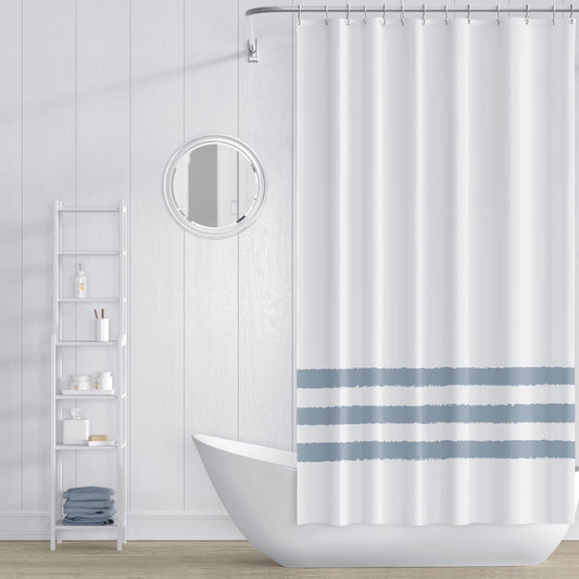 White Shower Curtain with Blue-grey Stripe Print | SC-1141-500