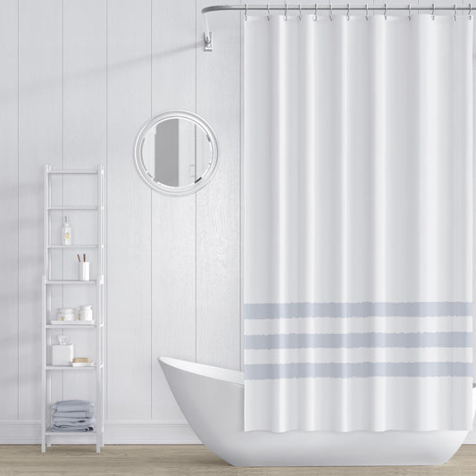 White Shower Curtain with Light Blue-grey Hand-painted Stripe Print | SC-1141-533