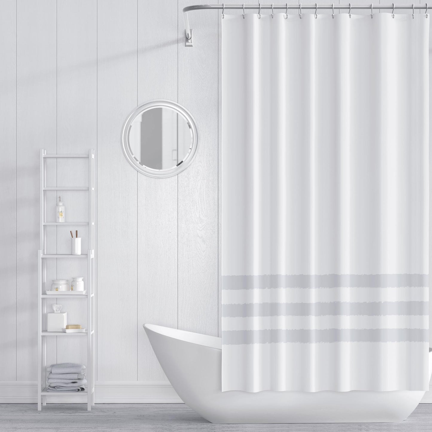 White Shower Curtain with Pale Grey Hand-painted Stripe Print | SC-1151-367
