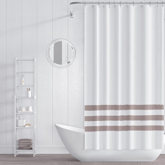 White Shower Curtain with Light Brown Hand-painted Stripe Print | SC-1152-550