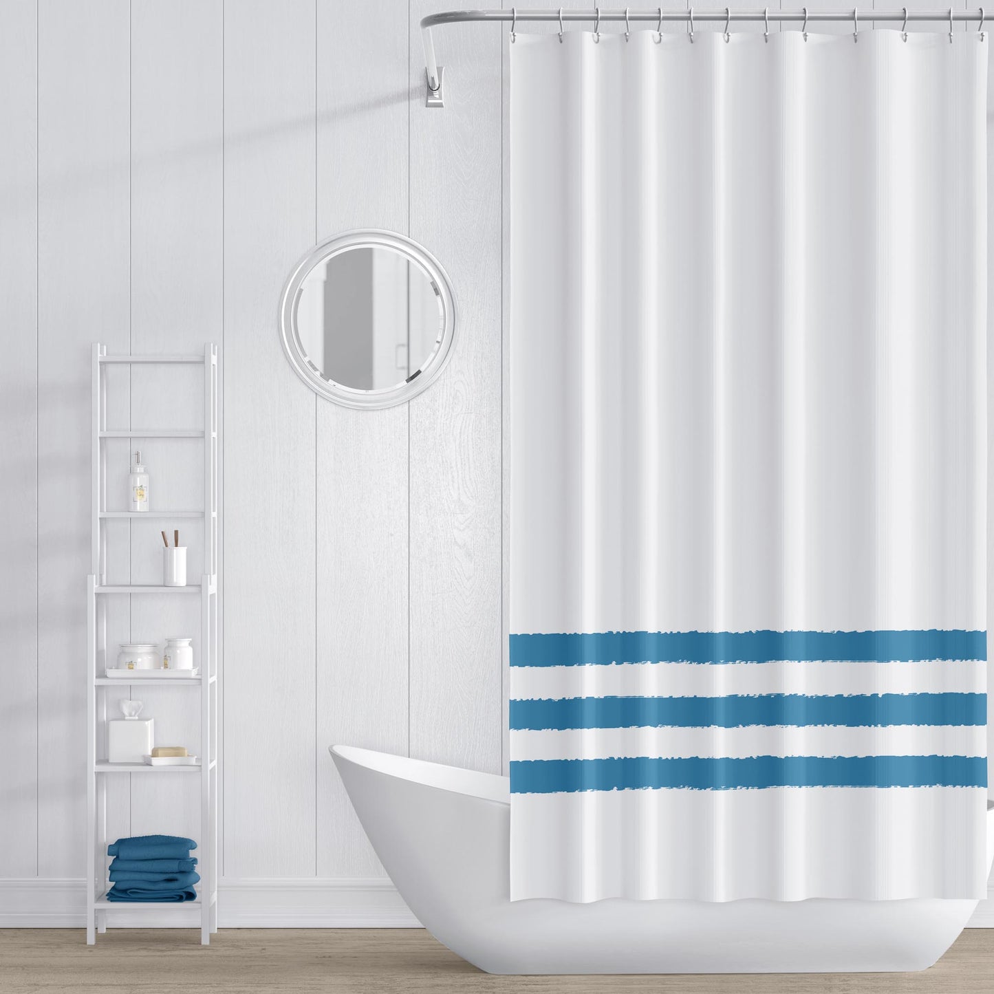 White Shower Curtain with Medium Blue-turquoise Hand-painted Stripe Print | SC-1153-200