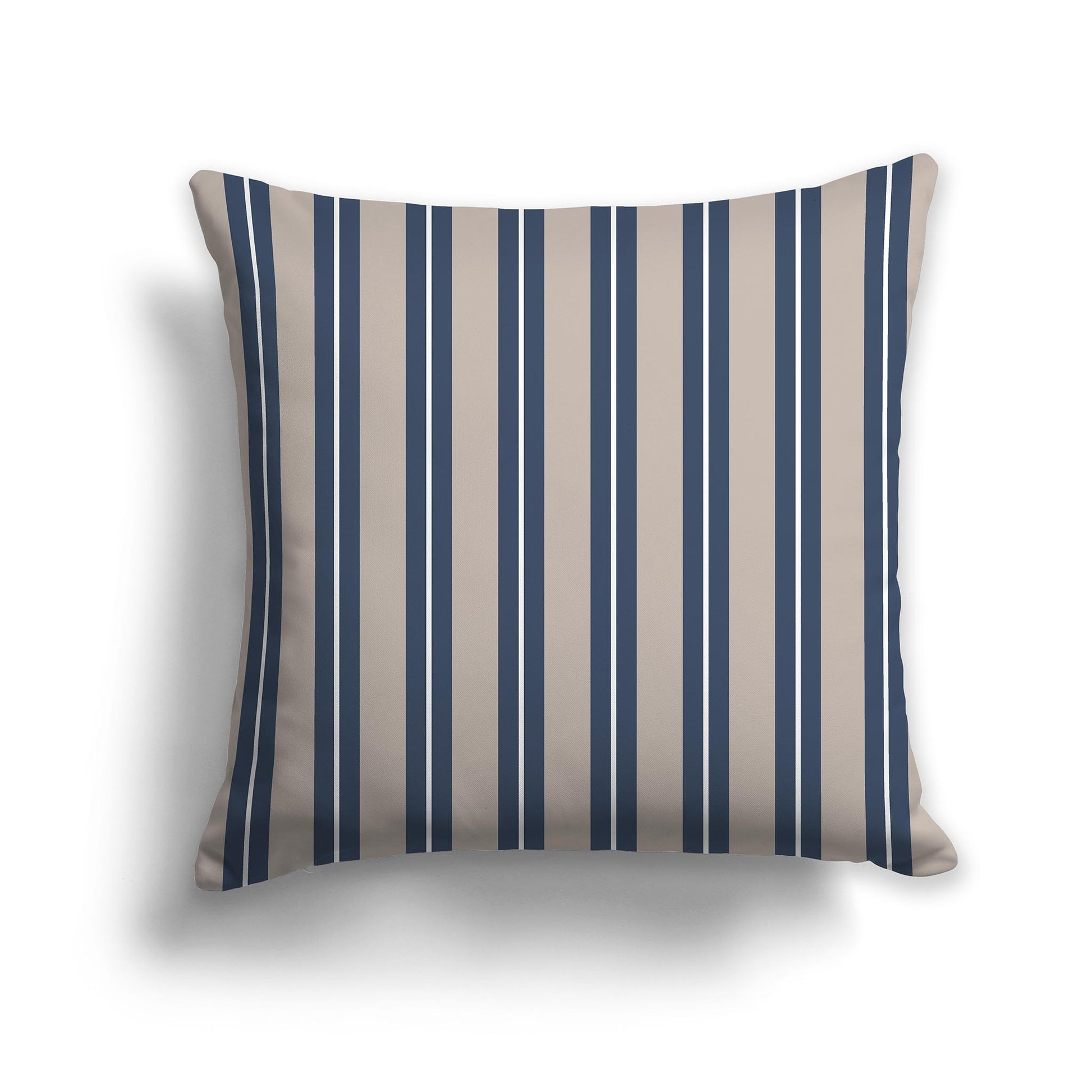 Square Throw Pillow with Taupe, Blue and White Multistripe Pattern
