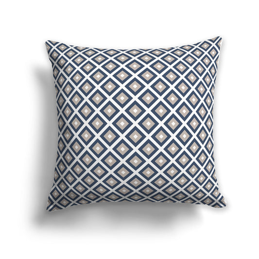 26 inch Throw Pillow with Blue, Taupe and White Square Repeat Pattern
