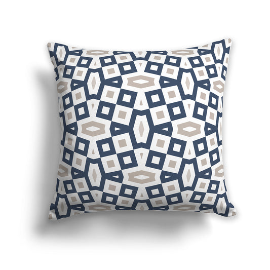 26 inch Throw Pillow with Blue, Taupe and White Geometric Pattern