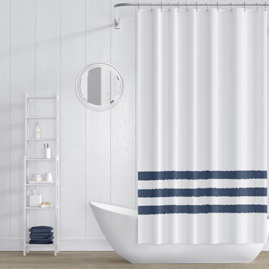 White Shower Curtain with Blue Hand-painted Stripe Print | SC-1162-200