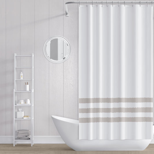 White Shower Curtain with Taupe Hand-painted Stripe Print | SC-1162-467