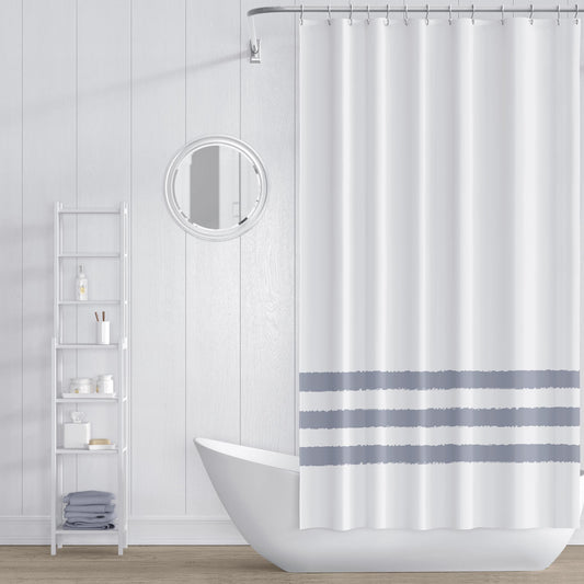 White Shower Curtain with Grey Hand-painted Stripe Print | SC-1163-367