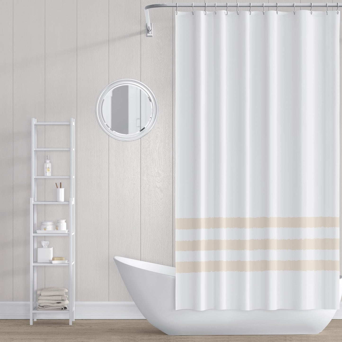 White Shower Curtain with Light Gold Hand-painted Stripe Print | SC-1163-550